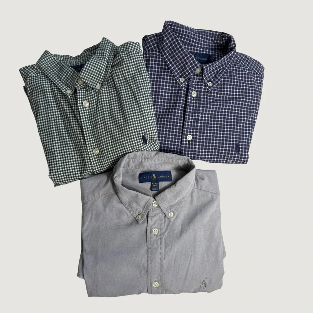 Ralph Lauren Boys XL 18-20 Button Down Shirt Bundle Gingham Grey 3 Pack EUC